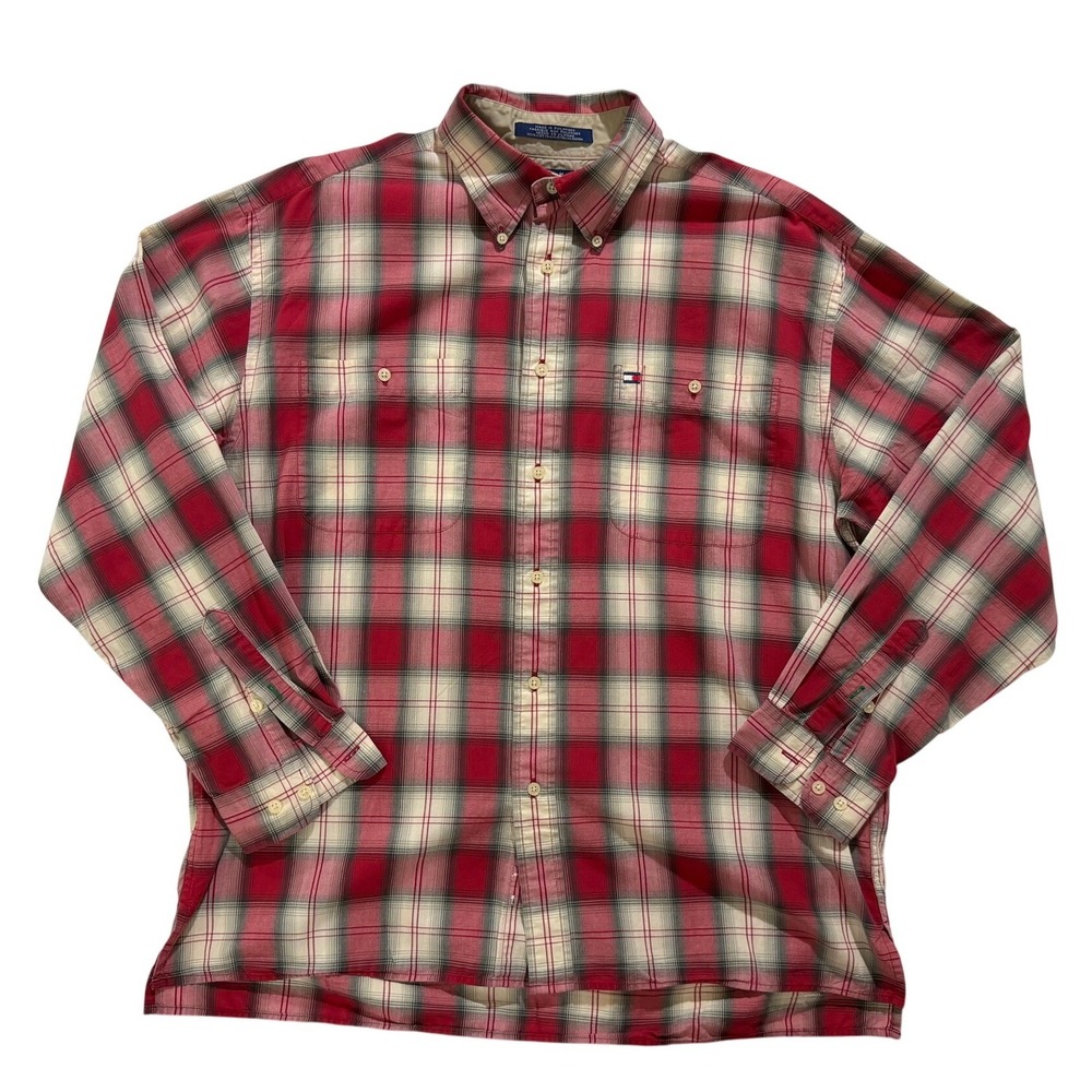 Tommy Hilfiger Plaid Button Down Shirt Red Cream Cotton Size L Y2K